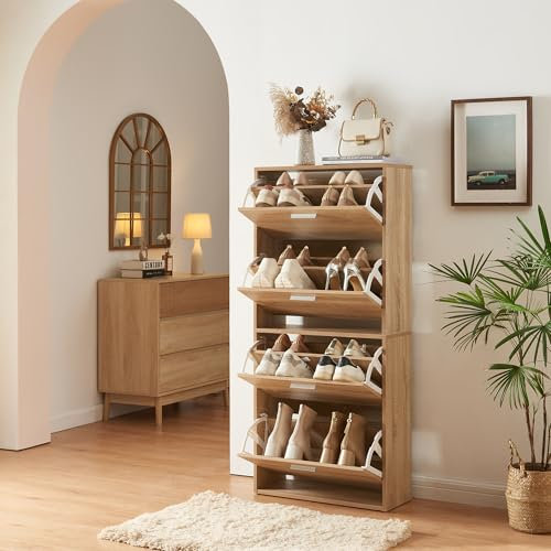 [en.casa] Schuhschrank Sykkylven Schuhkipper mit 4 Klappen Schuhkommode für 16 Paar Schuhe 134 x 60 x 24 cm Sonoma-Eiche