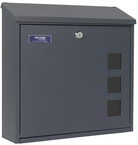 Rottner Briefkasten Muro Anthrazit Stahl Zylinderschloss 2 Schlüssel Sichtfenster Namensschildhalter einseitiger Einwurf inkl. Befestigungsmaterial