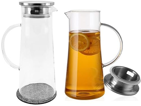 HASAYAKI Lot de 2 pichets en verre avec couvercle, carafe avec tapis, 1,5 l, pour thé glacé, eau chaude et froide, jus, lait, vin, café
