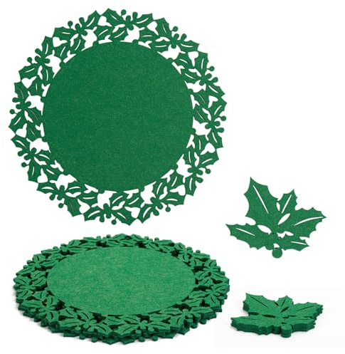 Ensemble de 12 Sets de Table de Noël, sous-Verres, Assiettes, Ensemble de Feutrine de Noël, Table de pour 6 Sets de Table Ronds et 6 sous-Verres en Forme de Feuille (Vert)