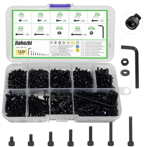 M2 Nuts and Bolts Set 1320 Pcs Hex Socket Head Cap Screws Machine Screws and Flat Washers Assortment Kit for Bicycle and Motorcycle Repairs