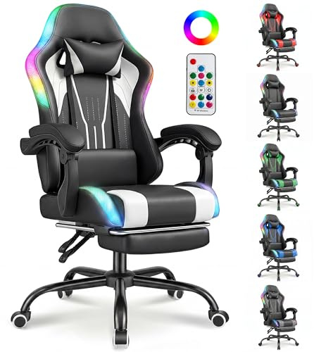TRIUMPHKEY Silla de Juegos con Luz RGB LED de Estilo Gaming, 366 Modos de Efecto de Luz, Tela PU Resistente a la Suciedad, Reposabrazos Sincronizados, Almohada Lumbar de Masaje USB