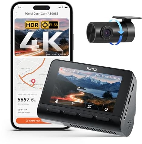 70mai A800SE Dashcam 4K HDR, Telecamera Auto Fronte/Retro Senza scheda SD | F1.55, Visione Notturna, ADAS, Schermo 3, Parcheggio 24/7, Supercondensatore, Registrazione in Loop, Supporta fino a 512GB