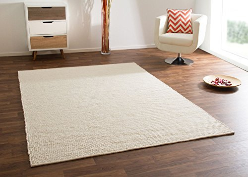 Steffensmeier Handwebteppich Gabun 100% Schurwolle mit Fusselstopp für Wohnzimmer, Creme, Größe 90x160 cm