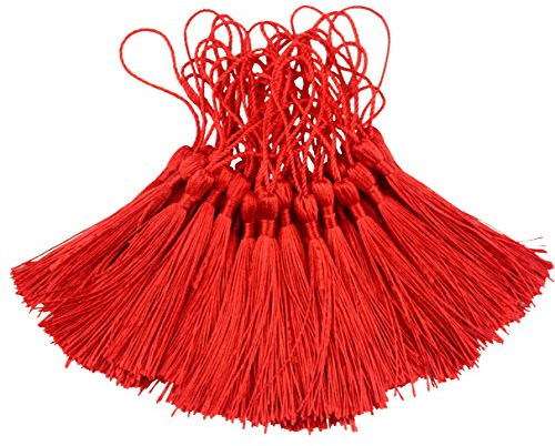 100pcs 13cm / 5 Zoll Seidige Floss Lesezeichen Quasten mit 2-Zoll-Kabel Schleife und Kleinen Chinesischen Knoten für Schmuck Machen, Souvenir, Lesezeichen, DIY Handwerk Zubehör (Rot)