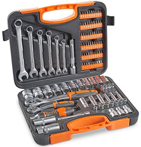 VonHaus 104-Piece Socket Wrench Tool Set with Extension Bar, Coupler, Ratchet, and Spanners, Screwdriver Bits and Carry Case