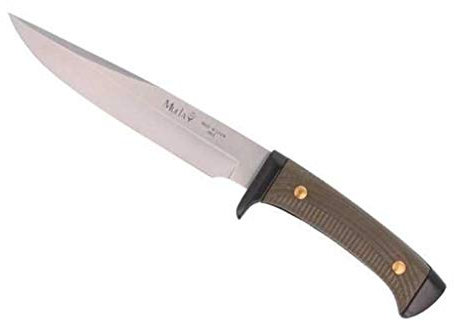 Muela Cuchillo 3162 hoja de acero MoVa de 16 cm y empuñadura de ABS verde para Caza, Pesca, Supervivencia y Bushcraft Realizado en Ciudad Real + Portabotellas de regalo