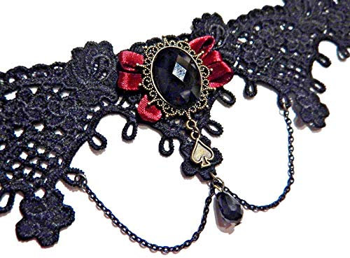 Queen of Spades Wide lace Black Burgundy Bronze Choker Gothic Victorian Necklace XS Collar, XS (up to 13 necks), Lace, Metal, Satin, Acrylic, acrylic