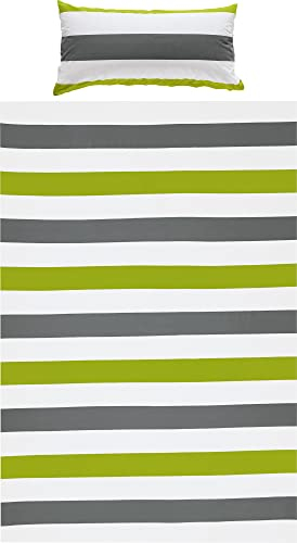 REDBEST Renforcé Bettwäsche-Set grün-grau-weiß Größe 40x80 cm / 155x220 cm - mit Reißverschluss - atmungsaktiv, strapazierstark - weitere Farben