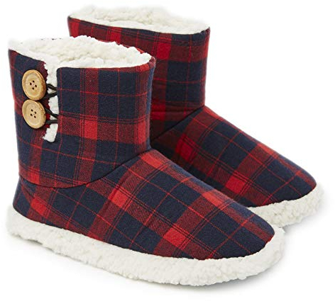 Dunlop Zapatillas Casa Mujer | Zapatillas Calienta Pies Invierno Cerradas | Pantuflas de Casa Regalo para Mujer | Botas Altas Forradas de Borreguito Suela de Goma Dura (39, Azul marino/Rojo)