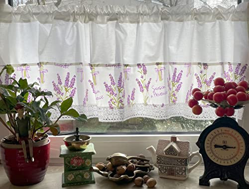 Leinenshop24 Bistrogardine Kurzgardine Weiß Spitze Lavendel Retro Paris 100% Öko Baumwolle 140 x 42 cm Landhaus Shabby Retro Weiß Vita