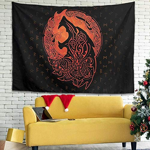 Wandteppich Wandbehang Nordic Viking Wolf Celtic Knot Fathurk Mythologie Wandteppich für Strand Schlafzimmer Wohnzimmer Home Decor-150x100cm_Weiß