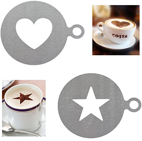 2 Stück Edelstahl-Schablonen für Cappuccino, Kaffee, Herzform, Sternform, Strew Pad, Staubwedel, Spray für Latte, Cappuccino, Cupcake, Kekse, heiße Schokolade