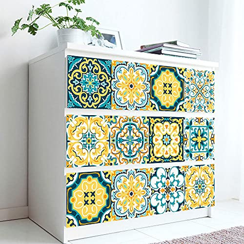 Stickers Cuisine Fleur Bleu Jaune Stickers Muraux Cuisine Adhesive pour Cuisine Carrelage Adhesif Mural Salle de Bains Étanche Papier Peint 10x10cm