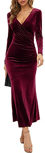 Women's V Neck Wrap Long Sleeve Elegant Mermaid Velvet Cocktail Maxi Dress Evening Party, Burgundy, Large