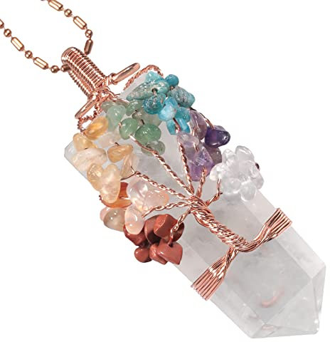 TUMBEELLUWA 7 Charaka Tree of Life Pendant Necklace for Unisex, Copper Wire Wrapped 6-faceted Crystal Stone Point Pendant Amulet for Reiki Healing, Rock Quartz Crystal Stone, rock quartz crystal stone