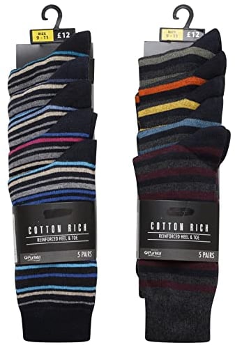 K Collection Mens Ex Store Socks - 10 Pack - Cotton Rich Purista - Stripe Design Socks - Assorted Colours - UK Shoe Size 9-11
