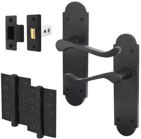 EAI Black Door Handle Latch Set - Victorian Scroll Shaped | 1 Pair of Internal Matt Black Lever Handles on Backplate with Hinges (76mm) & Latch (64mm)