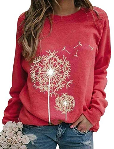 Dresswel Women Dandelion Print Sweatshirt Crew Neck Long Sleeve Tops Basic Jumper Tunic Blouse Shirts (M, 2-Watermelon Red)