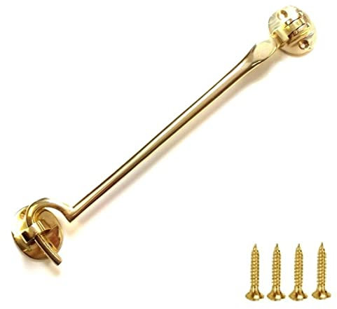 TERF® 200mm Heavy Duty Polished Brass Cabin Door Hook and Eye Lock 200mm (8 inch) Cabinet Latch including Fixing Screw For Door Gate Window Closet Shed Latch - Pack of 1