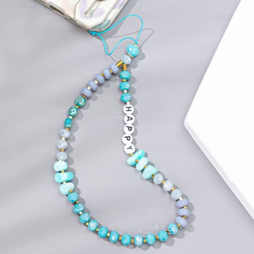 Kristallstein Acryl Buchstaben Perlen Kette Handykette,HAPPY Telefonkette Handgelenkschlaufe Kette Handyschmuck Phone Chain Telefon Anhänger Handyanhänger Schlüsselanhänger Taschenanhänger,Blau