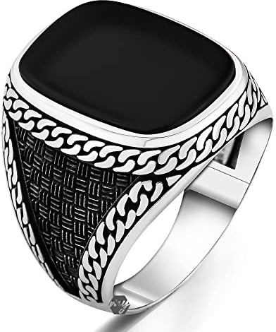 Massiver 925 Sterling Silber Custom Cut Schwarzer Onyx Stein Türkischer Herrenring 6,5 Metall Onyx, 6.5, Metall, Onyx
