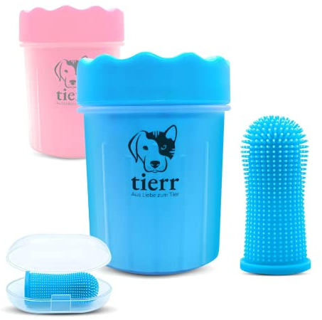 tierr Pfotenreiniger für Hunde | Entfernt Schmutz von Hundepfoten | Gründliche Reinigung mit weicher Bürste | spülmaschinenfest (Blau, Größe S + Hundezahnbürste)