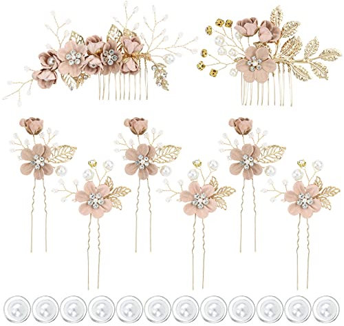 inSowni 20pcs Pale Mauve Decorative Flower Bridal Wedding Hair Side Combs+U-shaped Flower Hair Pins+Twist Spiral Pearl Hair Pins Headpieces Accessories for Brides Bridesmaids Women Girls (Pale Pink))