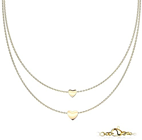 Treuheld® Mehrreihige Halskette mit 2 Herz-Anhängern | 3 Farben [02.] - gold
