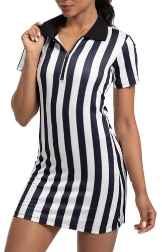 redgino Schiedsrichter-Shirt-Kleid für Damen, offizielles schwarz-weiß gestreiftes Schiedsrichter-Trikot für Basketball, Fußball, Hockey, Halloween-Kostüm und Kellnerinnen, Reißverschluss, Größe M