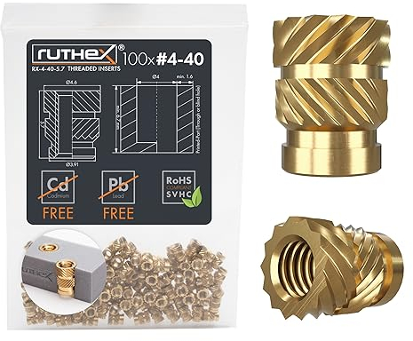 ruthex Gewindeeinsatz #4-40 UNC - 100 Stk. RX-4-40x5.7 BLEIFREIE Gewindebuchse aus Messing - stabile Einschmelzgewinde/Einpressmutter - Einschmelzen von Gewindehülse in 3D-Druck-Teile aus Kunststoff