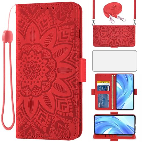 Asuwish Funda para Xiaomi Mi Note 10 Lite con Cuerda y Cristal Templado Protector de Pantalla Soporte Tarjetero Cuero Libro Cartera Carcasa Note10 10Lite M2002F4LG Wallet Phone Cover Case Rojo