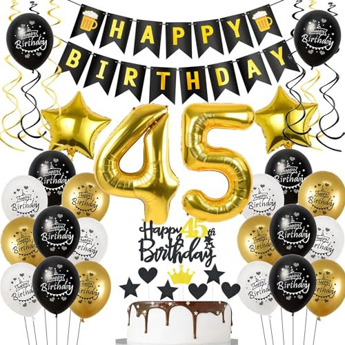 Deko 45 Geburtstag Deko Mann Frauen, Luftballon 45. Geburtstag Schwarz Gold, Geburtstagsdeko 45 jahre Mann Luftballon, Tortendeko 45. Männer Geburtstagsdeko 45 jahre für Frau