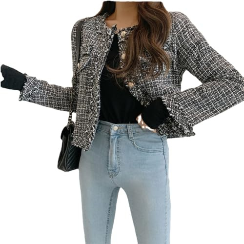Veste en Tweed à Poitrine Unique Automne Femmes Poches lâches Design Sens Niche Tweed Blouse Courte Femme Mode coréenne Veste Courte Veste Courte (Noir,XL)