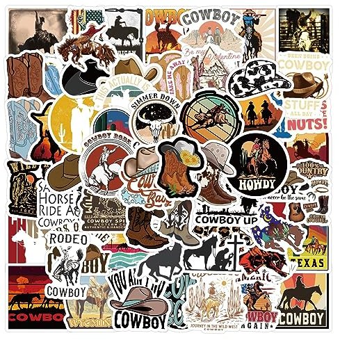 Bric Dodo 60 Stück Western Cowboy Aufkleber Auto Laptop Telefon Gitarre Skateboard Motorrad Fahrrad Western Cowboy Stickers Set Vinyl Wasserdicht Aesthetic Aufkleber für Jugendliche Kinder Erwachsene
