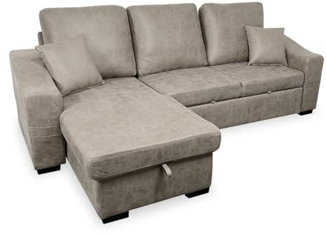 mattfy - Chaise Longue Sofá Cama con Arcón de Almacenaje Modelo Melbour, Diseño Moderno, Práctico y Funcional, con Reposabrazos y Cojines Decorativos, Color Gris