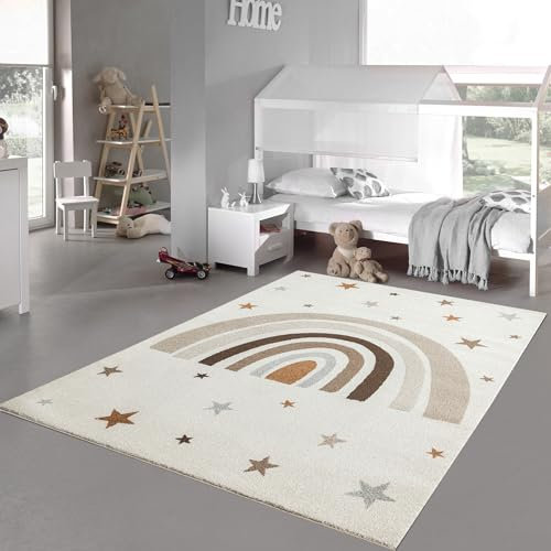 Teppich-Traum Kinderzimmerteppich Spielzimmer Pflegeleicht Regenbogen Sterne Hell robust Creme, 120 x 170 cm