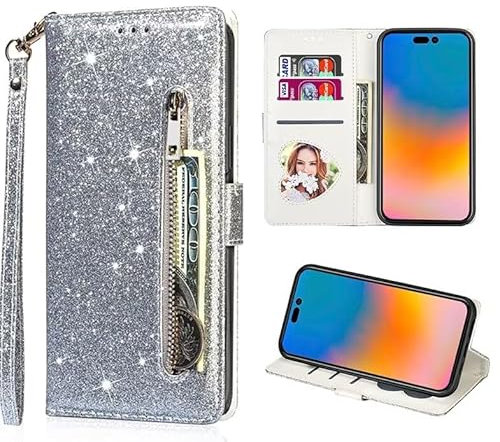 FERLAN Handyhülle für Samsung Galaxy M31 Hülle,Flip Case Lederhülle Reißverschluss Magnetverschluss Brieftasche mit 3 Kartenfächern Standfuntion Retro Matt Ledertasche,Glitzer Silber
