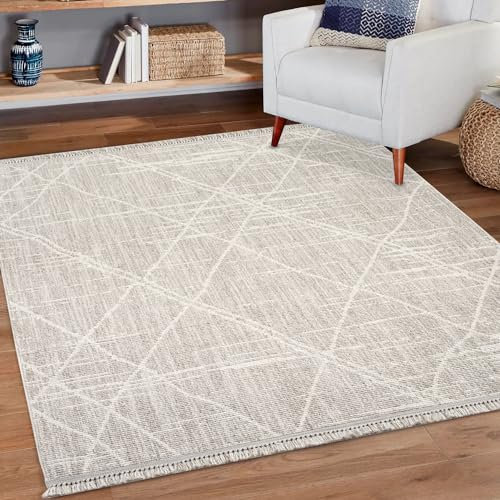 payé Teppich Wohnzimmer - 120x170cm - Beige - Rauten Look Meliert - Boho Frasen Teppiche - Wohnteppich Schlafzimmer Deko
