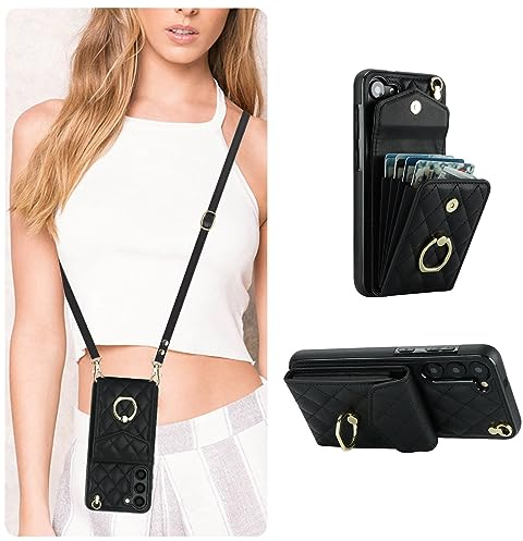 QLTYPRI Handyhülle für Samsung Galaxy S24 Hülle mit Band, Mikrofaser Leder Handykette Case mit Kartenfach Ringständer RFID Schutzhülle Lederhülle Tasche Etui für Samsung Galaxy S24 - Schwarz