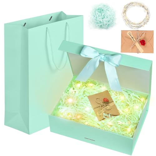 Idota Geschenkbox mit Deckel, Geschenkschachtel Schwarz, Geschenkkarton mit Schleife, Tasche, Farbband, Licht, Raffia, Grußkarten,Geschenkboxen für Hochzeit Geburtstag Weihnachten Jubiläum (Grün)