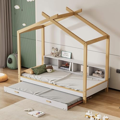 MQGPM Kinderbett Hausbett 90x200cm + 90x190cm mit Ausziehbarem Rollbet, Einzelbett Holzbett mit Vier Fächern Regale und Dachdekoration, für Mädchen und Jungen, Baumhausbett im Montessori Stil