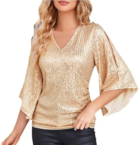 Damen Oberteil Mit Pailletten Bluse Mit Glockenärmel Damen Glitzer Tunika Bluse Damen V Ausschnitt Elegant Festlich Große Größen Locker Freizeit Zeremonie Party Shirt (Gold, S)