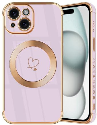 JRIANY Magnetic for iPhone 15 Case, Protective Flexible Silicone Case Compatible with MagSafe Design Love Heart Pattern Shockproof Bumper Cover Compatible with Apple iPhone 15 - Purple