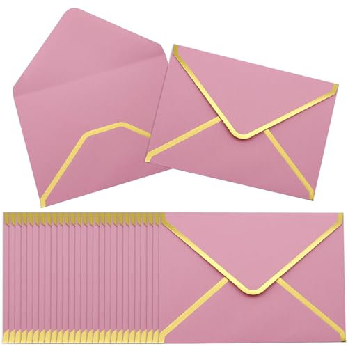 szkoo 100 Stücke 5x7 Einladungumschläge, Rosa A7 Umschläge 18.5x13.5cm Miniatur Kuverts Umschläge mit V-Klappe Briefumschläge Goldfolienrand für Hochzeiten, Einladungen & Party