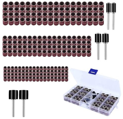 WEDAMOO 222 Pcs Drum Sander Sleeves Set, Including 216 Pcs Nail Sanding Band Sleeves (80 / 120Grit) and 6 Pcs Rubber Drum Mandrels, for Dremel Rotary Tool Polish Grinding