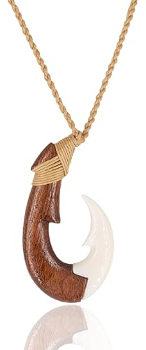 Nobel Surferkette Hei Matau Horn Holz Drachenfisch Haken Rockabilly Hawaii-Kette