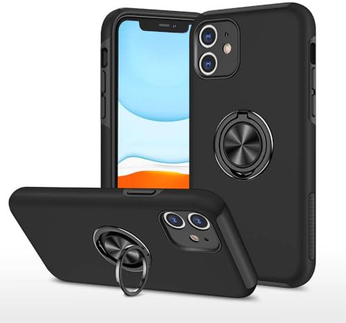 XYZNTMF for iPhone 11 Case Built-in Ring Holder Shockproof Silicone Bumper Matte Hard PC Phone Case Magnetic Car Mount Drop Protective Skin Cover Case for iPhone 11, Black