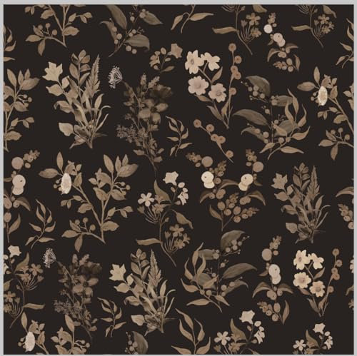 CHDITB Braunblatt Tapete,Vintage Blumen Blatttapete, Schwarz Kontaktpapier(44 x 300cm) Braunblumen Tapete, Blattblumen Selbstklebend, Pflanzenwallpaper für Schlafzimmer Wohnzimmer Wanddekoration