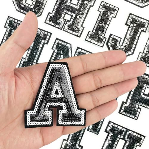 35 Pcs Sequin Iron on Letters Black and Silver Letter Patches Iron on Glitter Letters for Clothing Backpack Hats